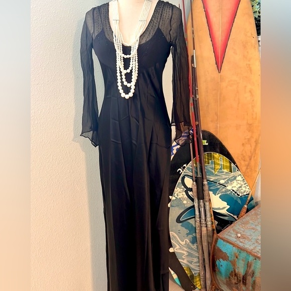 VTG Lillie Rubin,Chiffon Upper,Silky Black Satin Dress,Gorgeous Sheer Sleeves,8M - Picture 8 of 15